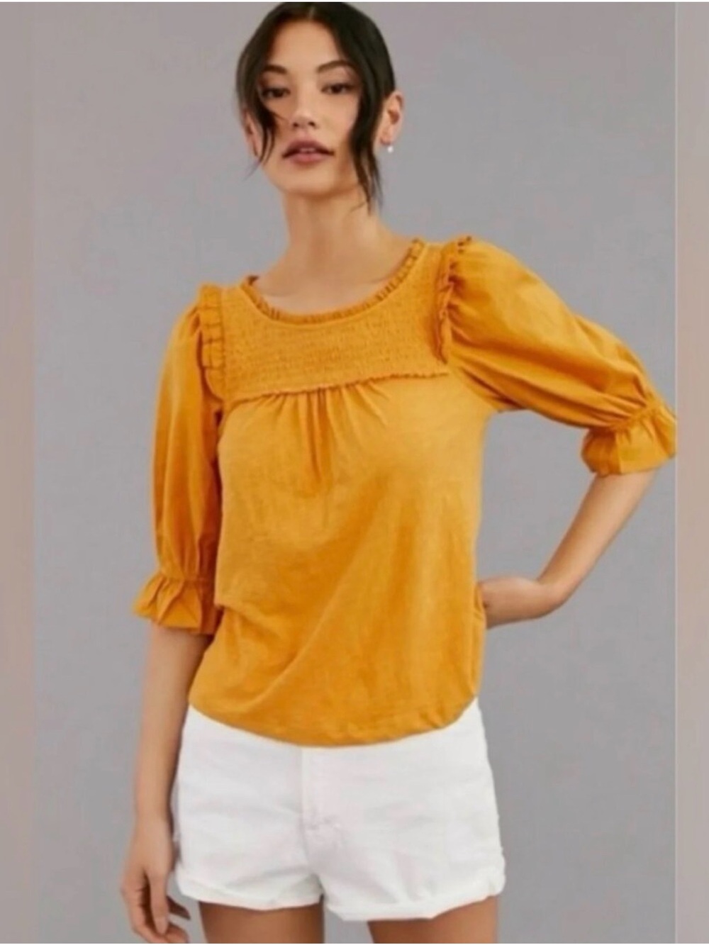 💛 Anthropologie Golden Smocked Babydoll Blouse 💛